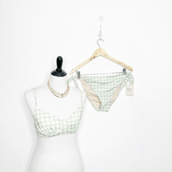 KITTY AND VIBE Side Tie Bottoms Bikini Sage Gingham womens 2XL1 NWT - Picture 1 of 7